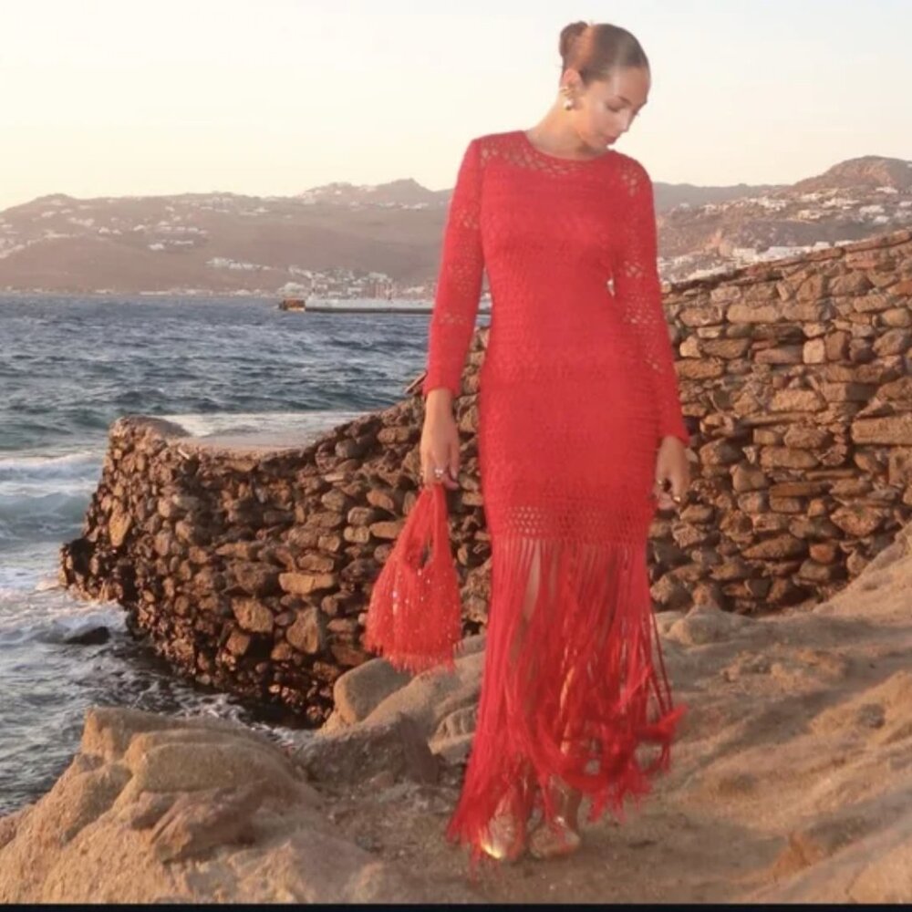 Zara Red Crochet Maxi Dress with Fringe Hem